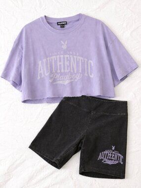 Playboy Authentic Lavender Cropped Tee & Biker Shorts Lounge Set L